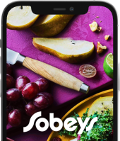 Mobile homepage of Sobeys logo with fruits in the background