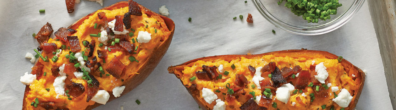 Maple bacon & goat cheese stuffed sweet potatoes