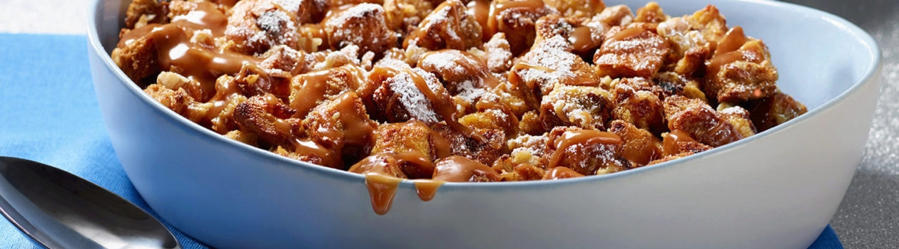 Walnut bread pudding with vanilla caramel sauce