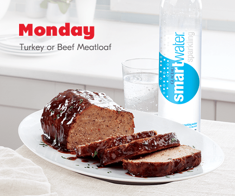 meal-2 Monday. Turkey or Beef Meatloaf plate shown with glass and bottle of sparkling smartwater