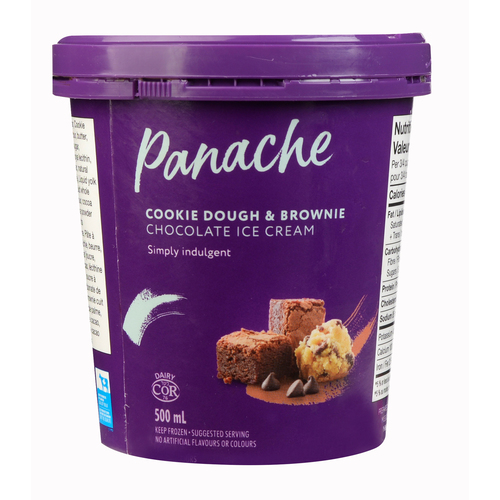  Purple tub of Panache Cookie Dough & Brownie Ice Cream featured on the front with a few chocolate chips scattered to one side.