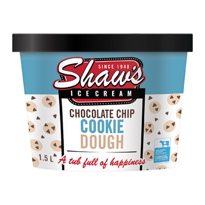 Shaw’s blue, white and brown tub pack shot of its chocolate chip cookie dough ice cream flavour with cookie-like graphic images shown.