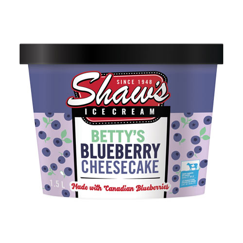 Purple tub of Shaw’s Betty’s Blueberry Cheesecake Ice Cream with graphic design of blueberries on package