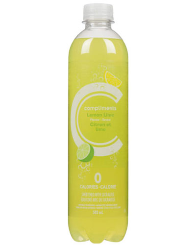 A 503 mL bottle of Compliments Lemon-Lime Flavoured  Sparkling Water with a yellow package band across the front of the plastic bottle with a lime illustration.