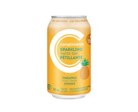 A 355 mL can of Compliments Pineapple Flavoured Sparkling Water with an orange coloured can containing a pineapple illustration on the front.
