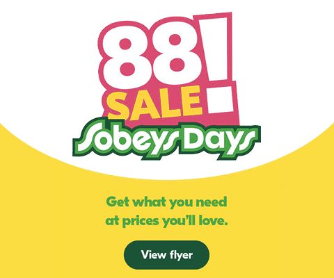 Text Reading '88 Sale! Sobeys Days. Get what you need at prices you'll love. 'View flyer' button for more information.'