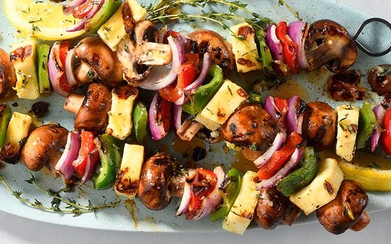 Grilled Cremini Mushroom and Halloumi Skewers