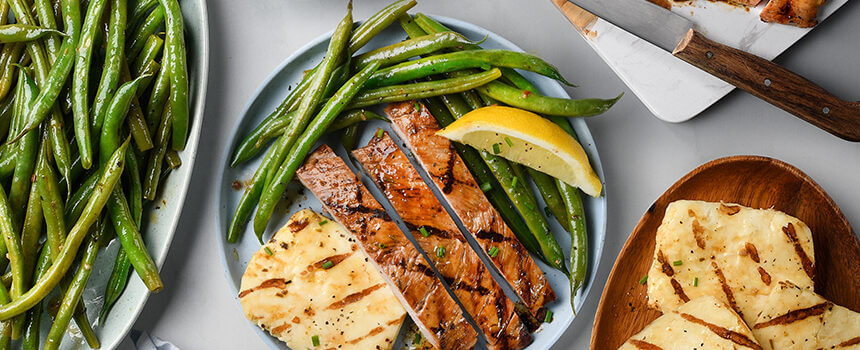 Grilled Herb & Garlic Pork Tenderloin with Green Beans, Halloumi Cheese