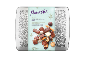 Panache Holiday Biscuit Tins with silver exterior. 