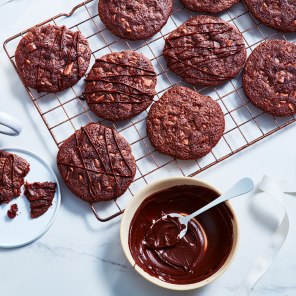 Overhead shot of brownie mix cookies on a cooling rack