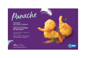 Panache Breaded Butterfly Shrimp in a box.
