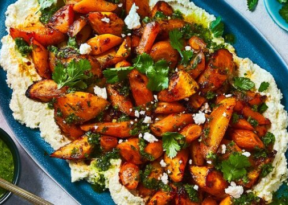 Harissa Roasted Carrots and Parsnips With Zhoug & Whipped Feta