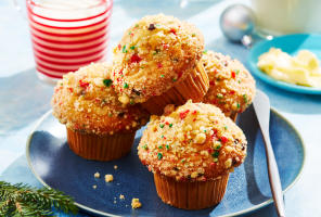 Compliments Mistletoe Wish Muffins on a plate with milk.