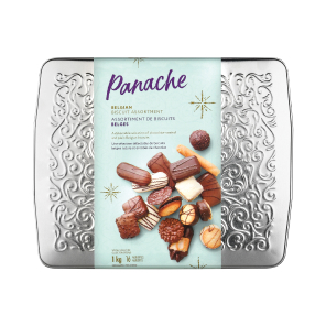 Panache Holiday Biscuit Tins with silver exterior.