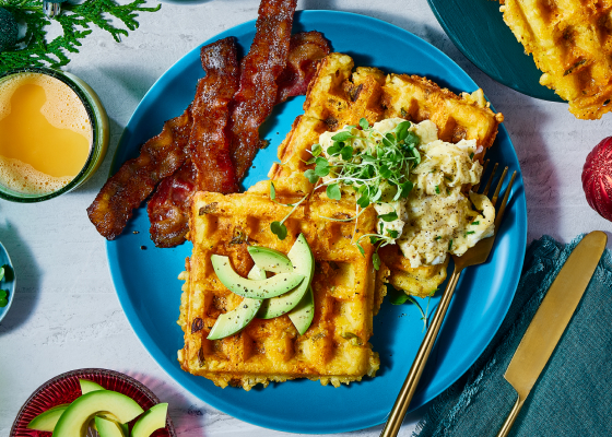 Tater Tot Bacon and Egg Breakfast Waffle