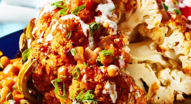 Close-up of whole roasted cauliflower in blue dish