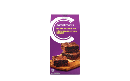 Compliments deluxe brownie mix in a purple package