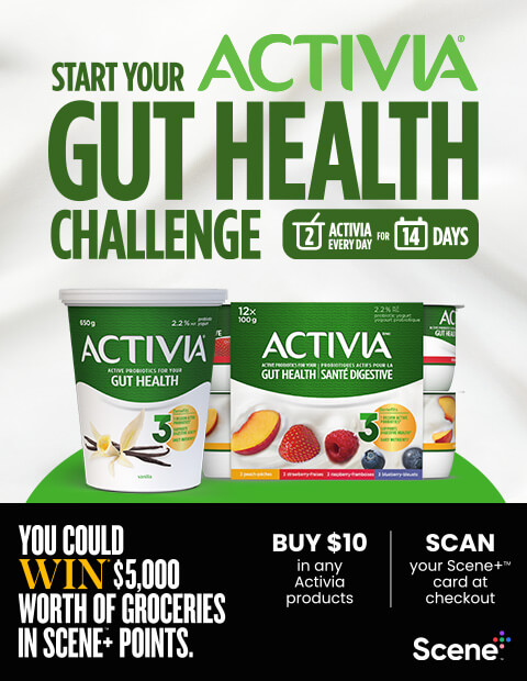 The right side of the image has the contest CTA on a black background with a logo and the left side has the challenge slogan on the top and Activia yogurt containers underneath