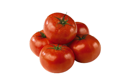 Three hot house tomatoes stacked on top of each other