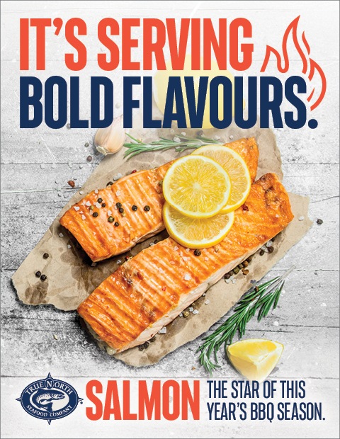 its-serving-bold-flavours_ The right side features a salmon burger, while the left displays the text, âIt's serving bold flavors. The star of this yearâs BBQ season.â