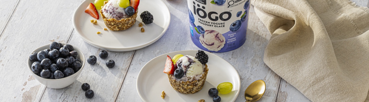 Two plates each hold a single iÖGO Blueberry Swirl Frozen Yogurt Mini Granola Tart, with a small bowl of fresh blueberries nearby.