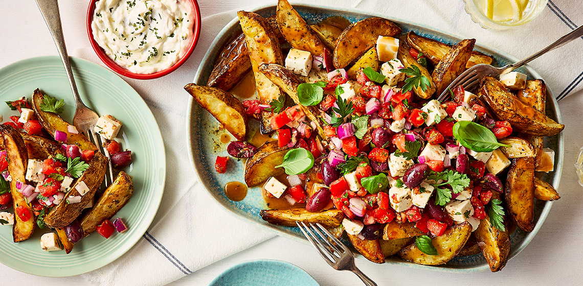 Greek Poutine with two forks, a small plate of it off to the side, two drinks, and a bowl with tzatziki.